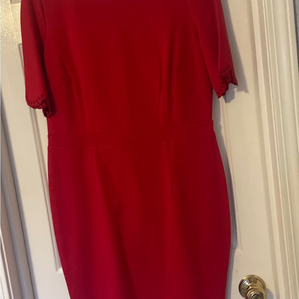 Boden magenta red Emma Eyelet scalloped trim dress, NWT. Stretch Ponte Sheath.